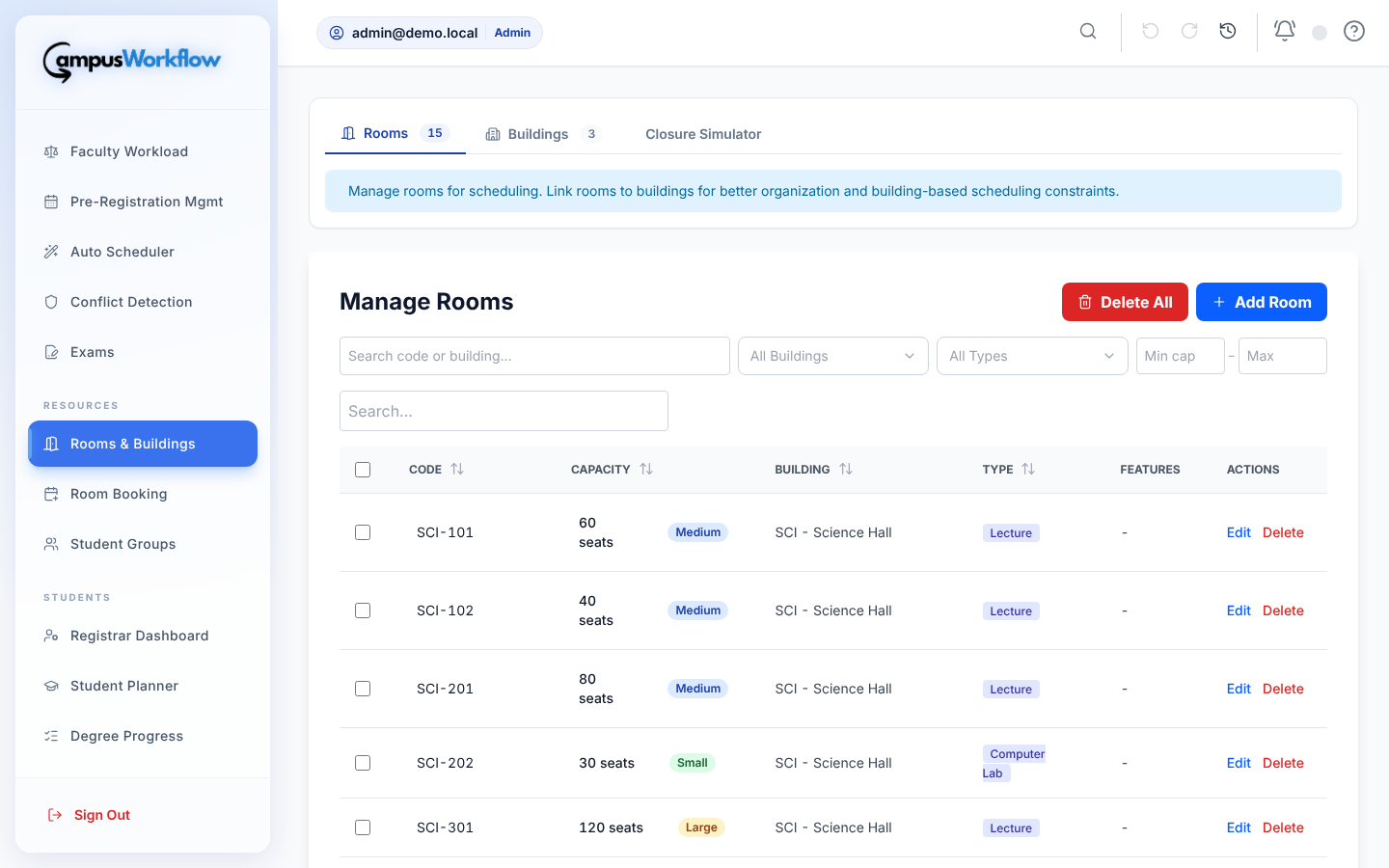 Rooms and buildings management with capacity and type