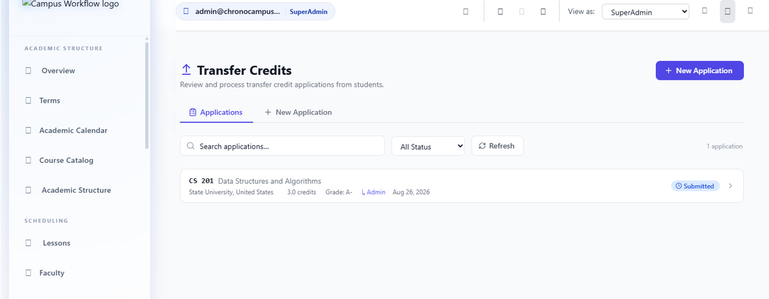 CampusWorkflow Transfer Credits application tracking